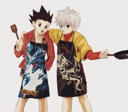 Rule 34 | 2boys, :p, apron, black eyes, black hair, child, dragon print, frying pan, gon freecss, highres, holding, holding frying pan, hunter x hunter, killua zoldyck, male focus, miko hxh, multiple boys, simple background, smile, spiked hair, tongue, tongue out, white hair