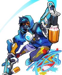 Rule 34 | 1girl, alternate costume, bad id, bad twitter id, black hair, dual wielding, gas mask, goggles, graffiti tracer, gun, highres, holding, hood, hoodie, machine pistol, mask, one eye closed, overwatch, overwatch 1, robaato, running, solo, spandex, spray can, tracer (overwatch), weapon