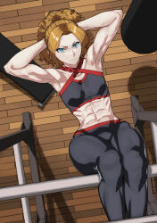 Rule 34 | 1girl, abs, armpits, arms behind head, blue eyes, crop top, exercising, highres, looking at viewer, looking up, midriff, muscular, muscular female, orange hair, original, punching bag, rggr, solo, struggling, sweat, tank top, toned, wooden floor