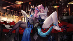 Rule 34 | 2girls, ahoge, animal ear fluff, animal ears, bar (place), black footwear, black hair, black legwear, black scarf, blue eyes, blue footwear, blue vest, book, boots, unworn boots, breasts, ceiling light, cleavage, cleavage cutout, clothing cutout, commentary, cross-laced footwear, crossed legs, dk.senie, dragon girl, dragon horns, dragon tail, fang, full body, glasses, grey jacket, hair between eyes, hanging light, high heels, highres, holding, holding book, holding newspaper, horns, indoors, jacket, knees up, large breasts, long hair, long sleeves, looking at viewer, multiple girls, newspaper, no shoes, open book, open mouth, original, pantyhose, parted lips, pink hair, scarf, unworn scarf, semi-rimless eyewear, shirt, sitting, skin fang, symbol-only commentary, table, tail, tail around own leg, twintails, vest, white legwear, white shirt, yellow eyes