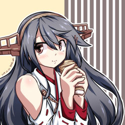 Rule 34 | 1girl, 547th sy, absurdres, artist name, black hair, commentary request, dated, detached sleeves, eating, food, hairband, haruna (kancolle), headgear, highres, japanese clothes, kantai collection, long hair, ribbon-trimmed sleeves, ribbon trim, solo, striped, striped background, upper body