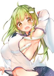 Rule 34 | 1girl, arm up, armpits, between breasts, blush, breasts, brown eyes, crying, crying with eyes open, detached sleeves, female focus, frog hair ornament, green hair, hair ornament, japanese clothes, kochiya sanae, large breasts, long hair, long sleeves, midriff, miko, navel, no bra, open mouth, see-through, simple background, skirt, snake, snake hair ornament, solo, tears, touhou, upper body, white background, wide sleeves, yukizumi remon