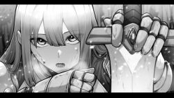 Rule 34 | 1girl, absurdres, armor, bruise, epeulu (ate5424), forest, gauntlets, greyscale, heavy breathing, highres, injury, long hair, looking at viewer, lower teeth only, monochrome, nature, original, parted lips, solo, sweat, sword, teeth, tree, tsurime, weapon