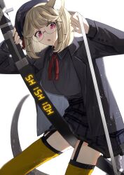 Rule 34 | 1girl, animal ear fluff, animal ears, arknights, beret, between legs, black garter straps, black hat, black jacket, black shirt, black skirt, blonde hair, breasts, collared shirt, cowboy shot, fang, fingernails, garter straps, glasses, hair ornament, hairclip, hat, highres, iwashi 80, jacket, long sleeves, looking at viewer, neck ribbon, official alternate costume, open clothes, open jacket, open mouth, plaid, plaid skirt, pleated skirt, purple eyes, ribbon, sharp fingernails, sheath, sheathed, shirt, simple background, skirt, solo, sword, tail, thighhighs, utage (arknights), utage (disguise) (arknights), weapon, white background, yellow thighhighs