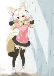 Rule 34 | 1girl, absurdres, adapted costume, animal ears, black fur, black skirt, black thighhighs, blonde hair, blush, bow, bowtie, elbow gloves, extra ears, fennec (kemono friends), fox ears, fox girl, fox tail, fur trim, gloves, highres, iwa (iwafish), kemono friends, locker, multicolored clothes, multicolored gloves, multicolored hair, orange eyes, pink sweater, pleated skirt, puffy short sleeves, puffy sleeves, short hair, short sleeves, skirt, solo, sweater, tail, thighhighs, white gloves, white hair, yellow bow, yellow bowtie, yellow gloves, zettai ryouiki