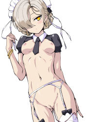 Rule 34 | 1girl, aegis (nerocc), alternate costume, arm behind back, azur lane, black necktie, blonde hair, bracelet, braid, breasts, cleft of venus, closed mouth, commentary, dutch angle, earrings, eyelashes, fingernails, french braid, garter belt, garter straps, hair over one eye, hair ribbon, hand up, highres, hoop earrings, jewelry, juliet sleeves, long sleeves, looking at viewer, maid, maid headdress, navel, necktie, nipples, petite, puffy sleeves, pussy, ribbon, sex toy, sheffield (azur lane), short necktie, short sleeves, simple background, small breasts, solo, thighhighs, tsurime, uncensored, v, vibrator, vibrator cord, vibrator in thighhighs, white background, white ribbon, white thighhighs, yellow eyes