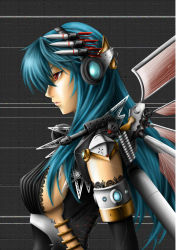 Rule 34 | 1girl, armlet, armor, artificial wings, bad id, bad pixiv id, blue hair, breasts, explosive, from side, graphite (medium), grenade, hairband, headgear, highres, i-la, lace, lace-trimmed shirt, lace-trimmed sleeves, lace trim, lips, long hair, looking ahead, mechanical wings, missile, mixed media, original, red hair, science fiction, shirt, shoulder cannon, sideboob, solo, static, traditional media, wings