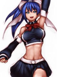 Rule 34 | 1girl, arm up, armpits, blue eyes, blue hair, bow, breasts, covered erect nipples, crop top, detached sleeves, fumio (rsqkr), hair bow, impossible clothes, impossible shirt, large breasts, long hair, matching hair/eyes, midriff, open mouth, ponytail, quiz magic academy, shirt, simple background, skirt, smile, solo, taut clothes, taut shirt, yuri (quiz magic academy)