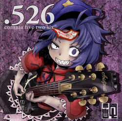 Rule 34 | 1girl, album cover, black ribbon, black skirt, bright pupils, cabbie hat, chinese clothes, commentary request, constricted pupils, cover, electric guitar, empty eyes, feet out of frame, grin, guitar, hat, hat ornament, holding, holding instrument, instrument, jiangshi, lace-trimmed sleeves, lace trim, looking at viewer, miyako yoshika, music, neck ribbon, ofuda, playing instrument, purple eyes, purple hair, purple hat, red shirt, ribbon, sakurai haruto, sharp teeth, shirt, short hair, short sleeves, skirt, smile, solo, star (symbol), star hat ornament, tangzhuang, teeth, touhou, uneven eyes, white pupils