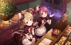 Rule 34 | 10s, 2girls, apron, artist request, bag, blush, brown eyes, cake, cash register, dress, drill hair, earrings, food, frills, hat, idolmaster, idolmaster cinderella girls, idolmaster cinderella girls starlight stage, indoors, jewelry, light brown hair, looking at viewer, looking to the side, mini hat, morikubo nono, muffin, multiple girls, nervous, official art, parted bangs, patissier, phone, plant, ponytail, red hair, shiina noriko, short hair, smile, sweets, window