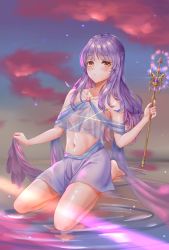 Rule 34 | 1girl, breasts, brown eyes, glint, highres, jewelry, kneeling, linsuan er qing an, long hair, looking at viewer, medium breasts, nail polish, navel, necklace, night, original, purple hair, solo, wand