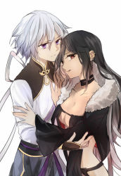 Rule 34 | 1boy, 1girl, black choker, black dress, black hair, black jacket, breasts, chinese clothes, choker, cleavage, closed mouth, collarbone, dress, earrings, fate/grand order, fate (series), fur-trimmed jacket, fur trim, hair between eyes, hand on another&#039;s arm, hand on another&#039;s chest, hug, jacket, jewelry, long hair, looking at viewer, medium breasts, prince of lan ling (fate), purple eyes, red eyes, simple background, tsengyun, white background, white hair, yu mei-ren (fate)