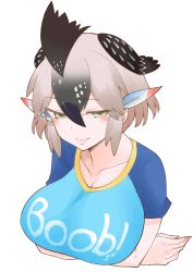 Rule 34 | 1girl, absurdres, alternate breast size, arms under breasts, black hair, breasts, clothes writing, collarbone, commentary request, cropped torso, eo masaka, eyes visible through hair, feather hair ornament, feathers, greater roadrunner (kemono friends), green eyes, grey hair, hair between eyes, hair ornament, head wings, highres, huge breasts, kemono friends, kemono friends 2, looking at viewer, multicolored hair, raglan sleeves, seductive smile, shirt, short sleeves, simple background, smile, solo, t-shirt, white background, wings
