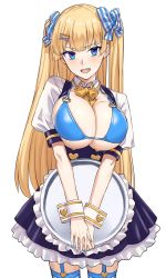 Rule 34 | 1girl, apron, bikini, bikini top only, blonde hair, blue bikini, blush, bow, breasts, buttons, cleavage, collarbone, cuff links, dress, feet out of frame, frilled apron, frills, garter straps, hair bow, hair ornament, heart button, highres, large breasts, lina (michihasu), long hair, looking at viewer, michihasu, multicolored eyes, nail polish, open mouth, original, smile, solo, striped bow, striped clothes, striped legwear, striped thighhighs, swimsuit, thighhighs, tray, twintails, vertical-striped clothes, vertical-striped thighhighs, very long hair, waitress, white background, yellow neckwear