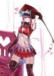 Rule 34 | 1girl, :q, arm up, armpits, black gloves, black thighhighs, breasts, cleavage, crop top, elbow gloves, fate (series), gloves, hat, highres, holding, holding riding crop, holding whip, long hair, medb (alluring chief warden look) (fate), medb (fate), medium breasts, midriff, miniskirt, navel, pink hair, pleated skirt, red hat, red skirt, riding crop, shiny skin, sketch, skirt, solo, stomach, thighhighs, tongue, tongue out, yellow eyes