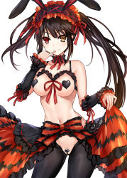 Rule 34 | 1girl, animal ears, asle, bare shoulders, black hair, black legwear, black sleeves, bow, breasts, brown eyes, closed mouth, collarbone, commentary request, date a live, detached sleeves, fake animal ears, female pubic hair, frilled bow, frilled sleeves, frills, hairband, heart pasties, lolita hairband, long sleeves, looking at viewer, medium breasts, meme attire, navel, pasties, pubic hair, rabbit ears, red bow, red eyes, red ribbon, reverse bunnysuit, reverse outfit, ribbon, sidelocks, simple background, smile, solo, tokisaki kurumi, twintails, uneven twintails, v-shaped eyebrows, white background