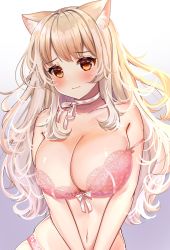 Rule 34 | 1girl, animal ears, blonde hair, blush, bow, bow bra, bra, breasts, brown eyes, cat ears, choker, cleavage, gradient background, highres, katsushika pachi, lace, lace-trimmed bra, lace trim, large breasts, lingerie, long hair, looking at viewer, navel, original, panties, pink bra, pink panties, purple background, ribbon choker, solo, spaghetti strap, strap slip, underwear, underwear only, v arms, white background