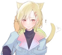 Rule 34 | 1other, animal ears, antenna hair, aqua coat, blonde hair, cat ears, coat, gnosia, hair between eyes, hair ornament, hairclip, looking at viewer, nekotemari, other focus, red eyes, setsu (gnosia), short hair, simple background, solo, tail, translation request, turtleneck