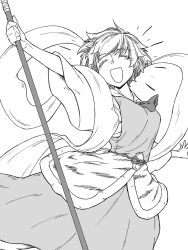 Rule 34 | 1girl, :d, animal print, bishamonten&#039;s spear, commentary request, cowboy shot, dress, closed eyes, greyscale, hagoromo, highres, holding, holding spear, holding weapon, monochrome, multicolored hair, open mouth, outstretched arms, polearm, shawl, shirt, short hair, simple background, smile, solo, spear, streaked hair, sunatoshi, tiger print, toramaru shou, touhou, weapon, white background, wide sleeves