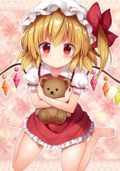 Rule 34 | 1girl, absurdres, bare legs, barefoot, blonde hair, blush, bow, commentary request, crystal, dress, flandre scarlet, hat, hat bow, highres, holding, holding stuffed toy, hugging object, lace, looking at viewer, mob cap, one side up, outline, petticoat, pink background, puffy short sleeves, puffy sleeves, red bow, red dress, red eyes, shirt, short dress, short hair, short sleeves, sitting, smile, solo, star (symbol), stuffed animal, stuffed toy, suigetsu (watermoon-910), teddy bear, thighs, touhou, wariza, white hat, white outline, white shirt, wings