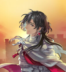 Rule 34 | 1boy, armor, black hair, cloak, constantine xi (fate), earrings, fate/grand order, fate (series), from side, grey eyes, hair between eyes, heki0529, jewelry, long hair, looking at viewer, looking to the side, male focus, smile, solo, sunset, upper body, wall, white armor, white cloak