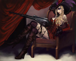 Rule 34 | 1girl, armchair, battle rifle, blonde hair, blue eyes, boots, chair, corset, cross, detached sleeves, earrings, gloves, gun, h&amp;k g3, h&amp;k psg1, hat, jewelry, crossed legs, long hair, original, red curtains, red upholstery, rifle, sadakage, sitting, sniper rifle, solo, sunglasses, tattoo, thighhighs, weapon
