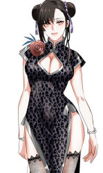 Rule 34 | 1girl, animal print, black hair, botamotiumai, bracelet, breasts, brown eyes, china dress, chinese clothes, cleavage cutout, clothing cutout, corsage, double bun, dress, final fantasy, final fantasy vii, final fantasy vii remake, fishnet thighhighs, fishnets, hair bun, hair ornament, highres, jewelry, large breasts, leopard print, looking at viewer, official alternate costume, official alternate hairstyle, simple background, smile, solo, tassel, tassel hair ornament, thighhighs, tifa lockhart, tifa lockhart (sporty dress)