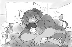 Rule 34 | 1boy, 1girl, ^ ^, ^o^, closed eyes, cow horns, cow tail, cuddling, horns, jacket, latenight, minotaur, scrunchie, short hair, short shorts, shorts, size difference, sweater, tail