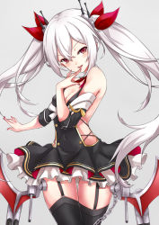 Rule 34 | 1girl, asya, azur lane, black dress, black thighhighs, blush, bow, breasts, cleavage, covered navel, dress, finger to mouth, garter straps, grey background, grey hair, hair between eyes, hair bow, hand up, highres, hip focus, looking at viewer, nail polish, open mouth, purple bow, purple eyes, red nails, sidelocks, simple background, small breasts, smile, solo, teeth, thick thighs, thighhighs, thighs, tsurime, twintails, vampire (azur lane), wide hips