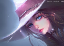 Rule 34 | 1girl, artist name, blue eyes, brown hair, choker, commentary, dated, english commentary, hat, highres, lips, long hair, looking at viewer, mars foong, nose, original, portrait, simple background, solo