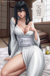 Rule 34 | 1girl, absurdres, architecture, arduina (arduin art), black hair, blue eyes, breasts, can, cleavage, colored inner hair, come hither, earrings, east asian architecture, english text, hair between eyes, highres, indoors, japanese clothes, jewelry, kimono, kyokou suiri, large breasts, lips, long hair, multicolored hair, obi, parted lips, patreon username, sash, single bare leg, sitting, solo, speech bubble, very long hair, white kimono, yuki-onna (kyokou suiri), yuki onna