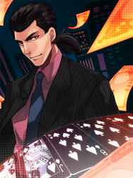Rule 34 | 1boy, black eyes, black hair, building, card, formal, gin to kin, hair slicked back, jacket, male focus, money, morita tetsuo, necktie, playing card, ponytail, skyscraper, smile, solo, spade, striped clothes, striped jacket, suit, u-min, upper body