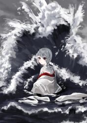 Rule 34 | 1girl, braid, braided ponytail, closed mouth, expressionless, grey hair, highres, horns, japanese clothes, kimono, kimono partially removed, kinako marumaru, layered clothes, layered kimono, long hair, looking at viewer, looking back, ocean, oni, original, outdoors, overcast, partially submerged, red eyes, red kimono, shirt, sky, solo, waves, wet, wet clothes, wet hair, white kimono, white shirt