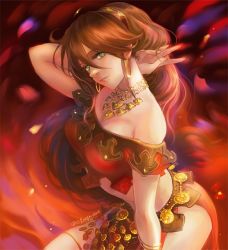 Rule 34 | 1girl, bare shoulders, bracelet, breasts, brown hair, circlet, cleavage, dancer, earrings, green eyes, jewelry, large breasts, long hair, looking at viewer, navel, necklace, octopath traveler, octopath traveler i, ponytail, primrose azelhart, regan (hatsumi), simple background, smile, solo