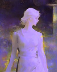 Rule 34 | 1girl, abstract background, arms at sides, blonde hair, breasts, closed eyes, closed mouth, collarbone, cowboy shot, dress, faux traditional media, highres, lips, original, profile, psychedelic, short hair, sketch, sleeveless, small breasts, solo, standing, turning head, upper body, white dress, white hair, yuming li