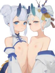 Rule 34 | 2girls, asymmetrical docking, blue eyes, blush, breast press, breasts, chinese clothes, clothes down, detached sleeves, double bun, dragon girl, dragon horns, dragon tail, flower, hair bun, hair flower, hair ornament, highres, horns, looking at viewer, multiple girls, navel, nipples, original, parted lips, short eyebrows, sidelocks, simple background, small breasts, smile, tail, upper body, white background, white hair, wuju (1198979953)