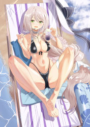 Rule 34 | 1girl, aquila (azur lane), azur lane, barefoot, bikini, black bikini, breasts, chair, commentary request, from above, full body, green eyes, hat, highleg, highleg bikini, highleg swimsuit, highres, kagura hiromu, large breasts, long hair, looking at viewer, lounge chair, official alternate costume, solo, sun hat, swimsuit, unworn hat, unworn headwear, very long hair, water, white hat