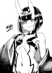 Rule 34 | 1girl, b.d, bare shoulders, blush, bob cut, breasts, collarbone, fate/grand order, fate (series), greyscale, headpiece, highres, horns, japanese clothes, kimono, long sleeves, looking at viewer, monochrome, navel, off shoulder, oni, pointy ears, revealing clothes, short eyebrows, short hair, shuten douji (fate), skin-covered horns, small breasts, smile, solo