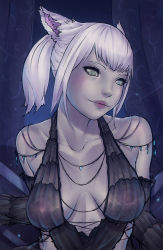 Rule 34 | 10s, 1girl, animal ears, warrior of light (ff14), bare shoulders, breasts, cat ears, covered erect nipples, detached sleeves, dress, final fantasy, final fantasy xiv, green eyes, large areolae, lips, miqo&#039;te, nipples, ponytail, see-through, slit pupils, solo, soranamae, upper body, white hair