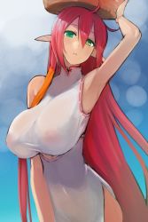 Rule 34 | 1girl, ahoge, armpits, bare arms, bare shoulders, basket, blue background, breasts, china dress, chinese clothes, clothing cutout, commentary, covered erect nipples, dress, elf, english commentary, green eyes, hair between eyes, hand up, head tilt, huge breasts, long hair, long pointy ears, looking at viewer, on head, original, parted lips, pen (pen3), pointy ears, red hair, side cutout, solo, very long hair, white dress