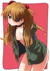 Rule 34 | 1girl, blue eyes, blush, bottomless, breasts, brown hair, cleavage, closed mouth, commentary request, cowboy shot, evangelion: 3.0+1.0 thrice upon a time, eyepatch, frown, glaring, hair over shoulder, half-closed eyes, hands in pockets, highres, hood, hood down, hooded jacket, inoue kouji, interface headset, jacket, leaning forward, long hair, looking at viewer, medium breasts, naked jacket, neon genesis evangelion, no bra, open clothes, open jacket, outside border, rebuild of evangelion, red background, solo, souryuu asuka langley, standing, twintails