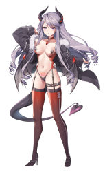 Rule 34 | 1girl, arm up, black background, black jacket, black panties, blush, breasts, chain, choker, commentary request, demon horns, demon tail, demon wings, drill hair, full body, fur-trimmed jacket, fur trim, garter straps, hajin, heart, heart tattoo, high heels, highleg, highleg panties, highres, horns, jacket, long hair, long sleeves, looking at viewer, low wings, medium breasts, mole, mole under eye, navel, open clothes, open jacket, original, panties, pubic tattoo, red choker, red eyes, red thighhighs, revealing clothes, sidelocks, silver hair, simple background, solo, standing, stomach, tail, tattoo, thigh strap, thighhighs, thighs, underwear, white background, wings