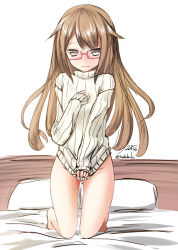 Rule 34 | 10s, 1girl, 2015, bad id, bad pixiv id, bottomless, brown eyes, brown hair, clothes tug, covering privates, covering crotch, dated, glasses, kantai collection, long hair, mochizuki (kancolle), naked sweater, nekobaka, ribbed sweater, signature, simple background, solo, sweater, sweater tug, turtleneck, twitter username