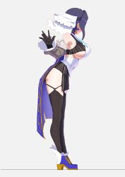 1girl angelchama bare_shoulders black_hair breasts full_body grey_background highres hololive hololive_english large_breasts ouro_kronii sideboob simple_background solo standing virtual_youtuber