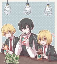 Rule 34 | 1girl, 2boys, :3, :d, black coat, black eyes, black hair, blonde hair, coat, collared shirt, don quixote (project moon), frappuccino, highres, limbus company, long sleeves, marbornath, multiple boys, necktie, open mouth, plant, potted plant, project moon, red necktie, shirt, short hair, sinclair (project moon), sitting, smile, table, white shirt, yellow eyes, yi sang (project moon)