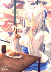 Rule 34 | 1girl, :t, ^ ^, animal ear fluff, animal ears, blue bow, blue hakama, blurry, blurry background, blush, bow, breasts, chita (ketchup), chopsticks, closed eyes, commentary request, cup, depth of field, eating, fang, food, fox ears, fox girl, fox tail, hair between eyes, hair bow, hakama, hakama skirt, hand on own cheek, hand on own face, highres, holding, holding chopsticks, indoors, japanese clothes, kimono, large breasts, long hair, long sleeves, original, parted lips, saucer, short kimono, signature, silver hair, skirt, solo, tail, thick eyebrows, very long hair, white kimono, wide sleeves