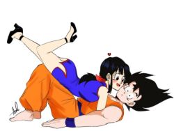 Rule 34 | black eyes, black hair, blush, cheek-to-cheek, chi-chi (dragon ball), couple, dragon ball, heads together, heart, highres, husband and wife, lying on person, muscular, muscular male, son goku, tagme