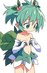 Rule 34 | 1girl, adjusting clothes, ahoge, cherry hair ornament, commentary request, cowboy shot, dress, elbow gloves, fairy, flat chest, food-themed hair ornament, gloves, green dress, green eyes, green hair, hair ornament, highres, konoha (shinrabanshou), navel, plant wings, pointy ears, roku no hito, shinrabanshou, simple background, solo, twintails, white background, white gloves, wings