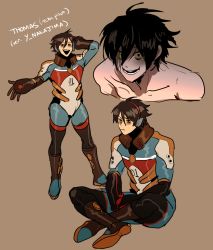 Rule 34 | 1boy, bad id, bad twitter id, black hair, bodysuit, brown background, brown hair, character name, character sheet, colored sclera, constricted pupils, crazy eyes, crazy smile, dark persona, expressions, highres, indian style, kendy (revolocities), male focus, multiple views, pale skin, personification, pilot suit, short hair, simple background, sitting, smile, thomas the tank engine, thomas the tank engine (character), yellow sclera