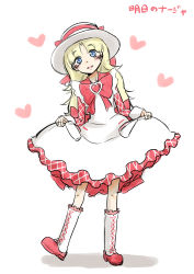 Rule 34 | 00s, 1girl, ashita no nadja, blonde hair, blue eyes, blush, boots, bow, brooch, clothes lift, dress, dress lift, face, hat, heart, heart brooch, highres, jewelry, long hair, looking at viewer, nadja applefield, simple background, sketch, smile, solo, translated, white background, yoekosukii